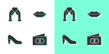 Tebrik kartı, düğün kemeri, kadın ayakkabısı ve gülen dudaklar ikonu. Vektör.