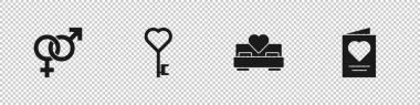 Cinsiyeti, anahtarı kalp şeklinde, yatak odasını ve tebrik kartı simgesini ayarlayın. Vektör.