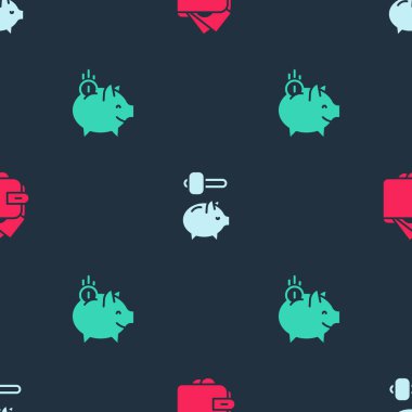 Cüzdanı parayla, kumbarayla, çekiçle ve bozuk parayla donat. Vektör.