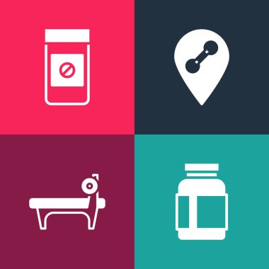 Pop Sports Beslenme, Barbel Bench, Konum Spor Salonu ve Anabolik uyuşturucu ikonu. Vektör.