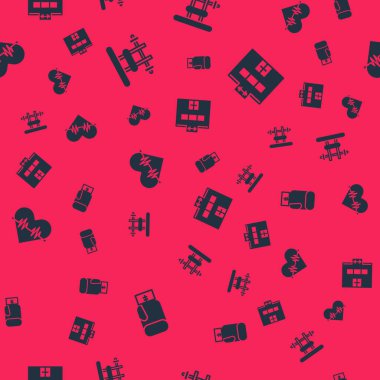 Boks eldiveni, benç, barbel, kalp atış hızı ve spor salonu. Vektör.