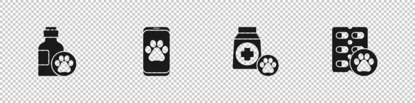 Встановіть Шампунь Домашніх Тварин Ветеринарну Клініку Мішок Їжею Значок Таблеток — стоковий вектор