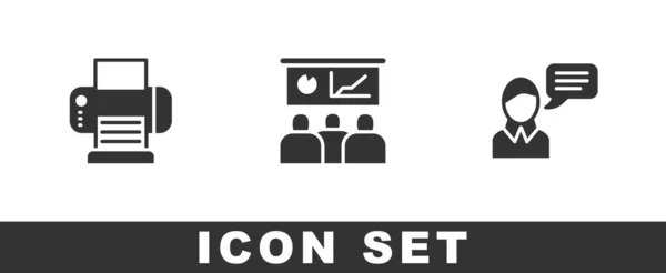 Set Printer Training Presentation Speech Bubble Chat Icon Vector — Stock Vector