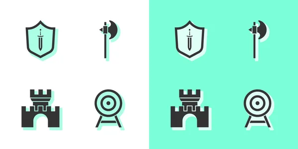 Establecer Objetivo Con Flecha Espada Escudo Medieval Castillo Fortaleza Hacha — Vector de stock