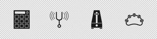 Set Trommelmaschine Musikalische Stimmgabel Metronom Mit Pendel Und Tamburin Ikone — Stockvektor