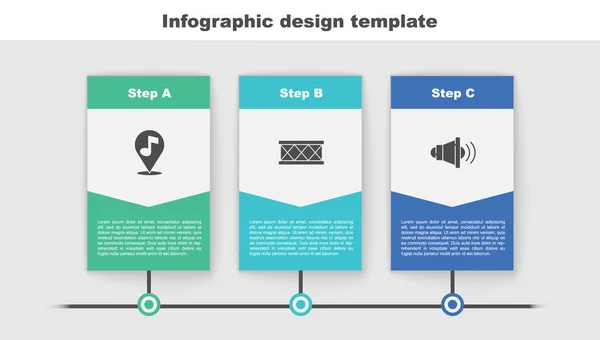 Set Location Note Musicale Tambour Volume Haut Parleur Modèle Infographie — Image vectorielle