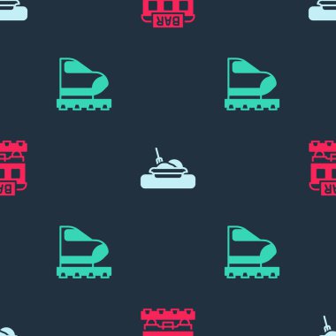 Restoran trenini ayarlayın, tabakta yemek ve yüksek hız var. Vektör.