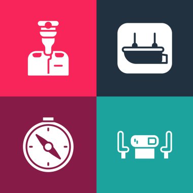 Poker masası, pusula, filika ve gemi ikonu kaptanı ayarlayın. Vektör.