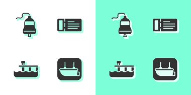 Filika, gemi zili, sahil rıhtımı ve gemi bileti ikonunu ayarlayın. Vektör.