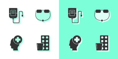 Hapları su toplamalı çantaya, serum torbasına hastane ve gözlük ikonuna koyun. Vektör.