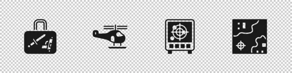 Establecer Maleta Helicóptero Radar Con Objetivos Monitor Icono Del Mapa — Archivo Imágenes Vectoriales