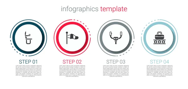 Vliegtuigstoel Cone Meteorology Windsok Stuurstand Transportband Met Koffer Bedrijfsinfographic Sjabloon — Stockvector