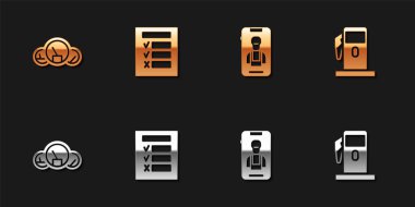 Hız göstergesini, araç denetimini, çevrimiçi araba servisini ve benzini veya benzin istasyonunun simgesini ayarla. Vektör.