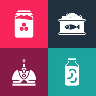 Bir kavanoza salatalık turşusu, kral tacı, havyarlı teneke kutu ve bal ikonu koy. Vektör.