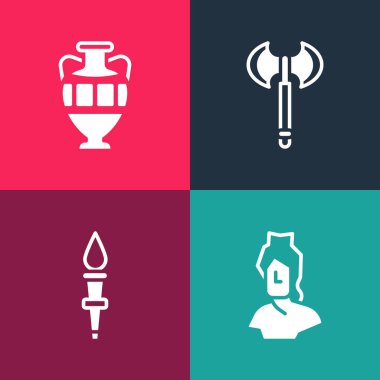 Pop sanatını Antik büst heykelini, meşale alevini, ortaçağ baltalarını ve amfora simgesini ayarla. Vektör.