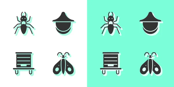 Set Mariposa Hormiga Colmena Para Abejas Icono Del Sombrero Apicultor — Vector de stock