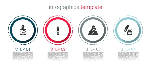 Set Antike Büste Skulptur Dolch Felssteine Und Feder Und Tintenfass — Stockvektor