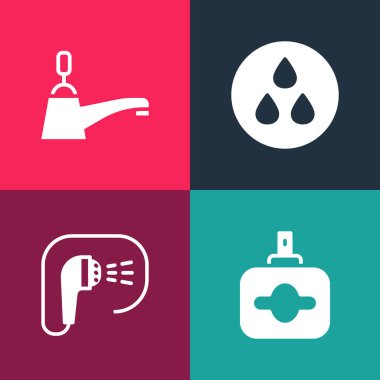 Pop sanat parfümünü, duşu, su damlasını ve musluk ikonunu ayarla. Vektör.