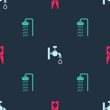 Elbise iğnesi, su musluğu ve duşu pürüzsüz bir şekilde ayarla. Vektör.