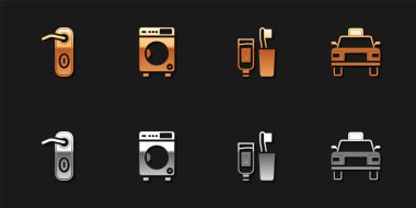 Kapı kolu, çamaşır makinesi, diş fırçası diş macunu ve taksi ikonu hazırla. Vektör.