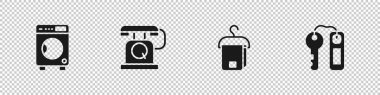 Çamaşır makinesi, telefon ahizesi, havlu askısı ve otelin kapı kilidi simgesi. Vektör.
