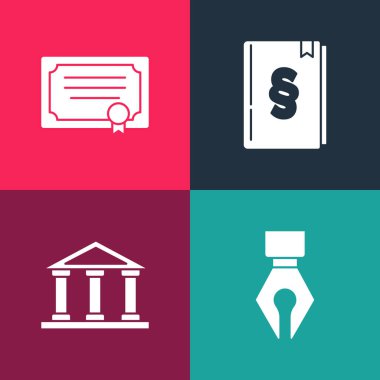 Pop Art Fountain kalem ucunu, Adliye binasını, hukuk kitabını ve sertifika şablon simgesini ayarla. Vektör.