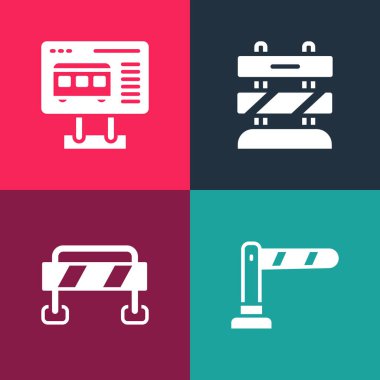 Pop Art Railway Bariyeri, Road, Demiryolunun Sonu ve Bilet Ofisi 'ni bilet ikonu almak için ayarla. Vektör.