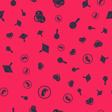 Bebeği, emziği, fırıldak oyuncağını ve çıngıraklı bebeği kusursuz bir şekilde ayarla. Vektör.