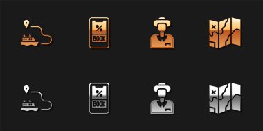 Gemi hattı, gemi bileti, turist ve katlanmış harita simgesi ayarlayın. Vektör.