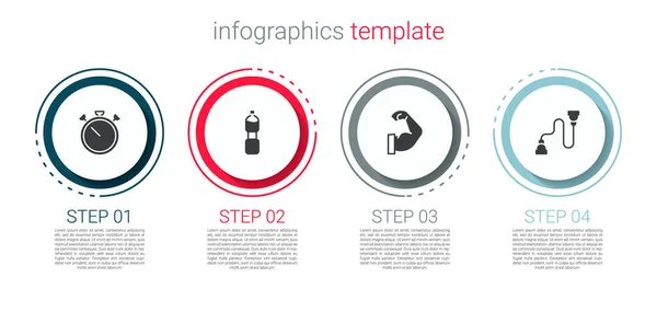 Conjunto Cronómetro Botella Agua Músculo Culturista Expansor Pecho Plantilla Infografía — Vector de stock