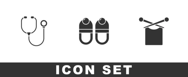Set Stethoscope Slippers Knitting Icon Vector — Stock Vector