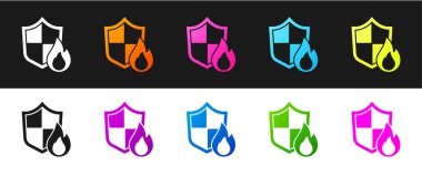 Ateş koruma kalkanı simgesini siyah beyaz arkaplanda izole et. Sigorta konsepti. Güvenlik, güvenlik, koruma, konsept koruma. Vektör.