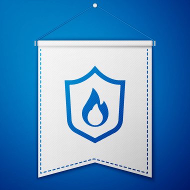 Mavi Ateş Koruma Kalkanı simgesi mavi arkaplanda izole edildi. Sigorta konsepti. Güvenlik, güvenlik, koruma, konsept koruma. Beyaz flama şablonu. Vektör.