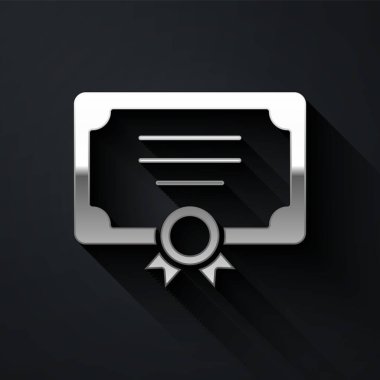 Gümüş Sertifika şablonu simgesi siyah arkaplanda izole edildi. Başarı, ödül, diploma, burs, diploma kavramları. Uzun gölge tarzı. Vektör.