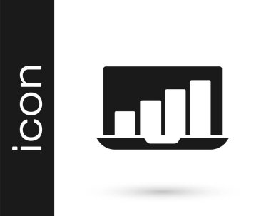 Beyaz arkaplanda grafik grafik simgesi olan siyah dizüstü bilgisayar. Metin dosya simgesini rapor et. Muhasebe tabelası. Denetim, analiz, planlama. Vektör.