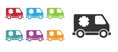 Siyah ambulans ve acil durum arabası ikonu beyaz arka planda izole edildi. Ambulans aracı tıbbi tahliye. Simgeleri renklendirin. Vektör.