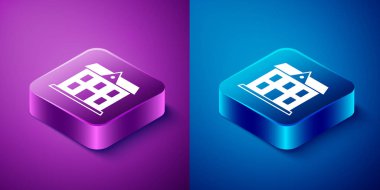 Isometric Okul binası ikonu mavi ve mor arka planda izole edilmiş. Kare düğmesi. Vektör.