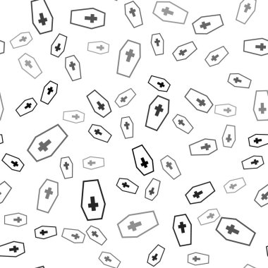 Hıristiyan haç simgesi olan Kara Tabut beyaz arka planda izole edilmiş kusursuz desen. Mutlu Cadılar Bayramı Partisi. Vektör.