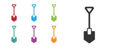 Beyaz arkaplanda siyah kürek simgesi izole edildi. Bahçe aletleri. Bahçecilik, tarım, çiftçilik aleti. Simgeleri renklendirin. Vektör.