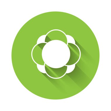 Beyaz Molekül simgesi uzun gölgeli izole edilmiş. Kimya moleküllerinin yapısı, fen öğretmenlerinin yenilikçi eğitim posteri. Yeşil daire düğmesi. Vektör.