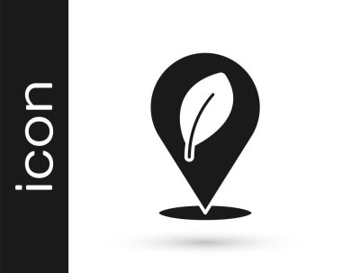 Beyaz arkaplanda yaprak simgesi olan siyah konum. Çevre enerjisi kavramı. Alternatif enerji kavramı. Vektör.