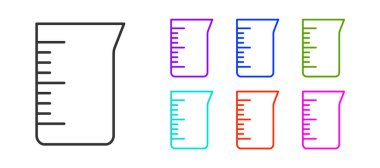 Beyaz arka planda siyah çizgi laboratuvar cam süslemesi ya da beher ikonu izole edilmiş. Simgeleri renklendirin. Vektör.