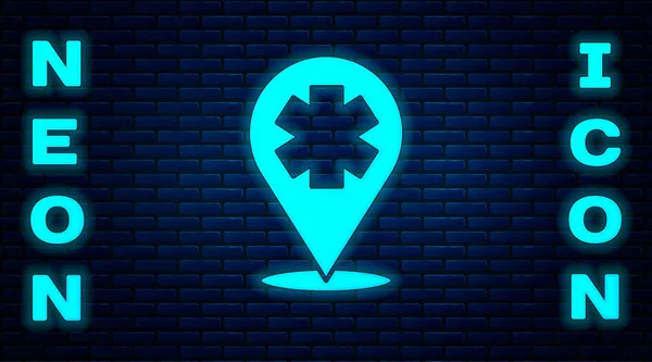 Illuminante Puntatore Mappa Medica Neon Con Icona Dell Ospedale Incrociato — Vettoriale Stock
