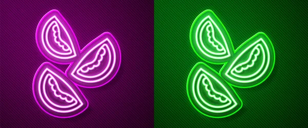 Parlayan neon çizgisi domates ikonu, mor ve yeşil arkaplanda izole edilmiş. Vektör.