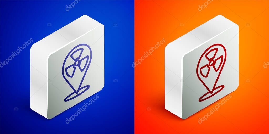 Isometric line Radioactive in location icon isolated on blue and orange background. Radioactive toxic symbol. Radiation Hazard sign. Silver square button. Vector.