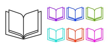 Siyah çizgi açık kitap simgesi beyaz arkaplanda izole edildi. Simgeleri renklendirin. Vektör.