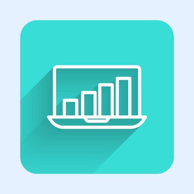 Grafik çizelgesi simgesi olan uzun gölgeli beyaz çizgi dizüstü bilgisayar. Metin dosya simgesini rapor et. Muhasebe tabelası. Denetim, analiz, planlama. Yeşil kare düğmesi. Vektör.
