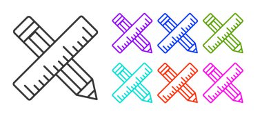 Siyah çizgi, beyaz arkaplanda izole edilmiş cetvel ve kalem simgesi. Düz sembol. Çizim ve eğitim araçları. Simgeleri renklendirin. Vektör.