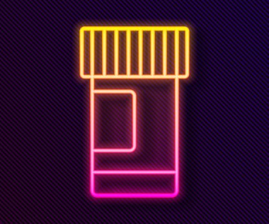 Parlayan neon hattı ilaç şişesi ve siyah arka planda izole edilmiş hap ikonu. Şişe hapı işareti. Eczane tasarımı. Vektör.