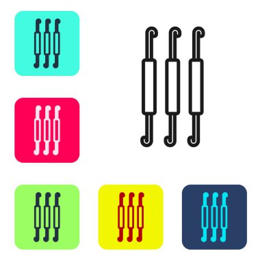 Beyaz arka planda siyah çizgi örgü kancası ikonu izole edildi. Örgü kancası. Renkli kare düğmelerle simgeleri ayarla. Vektör.